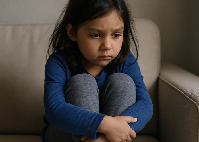 Thoughtful child hugging knees on sofa