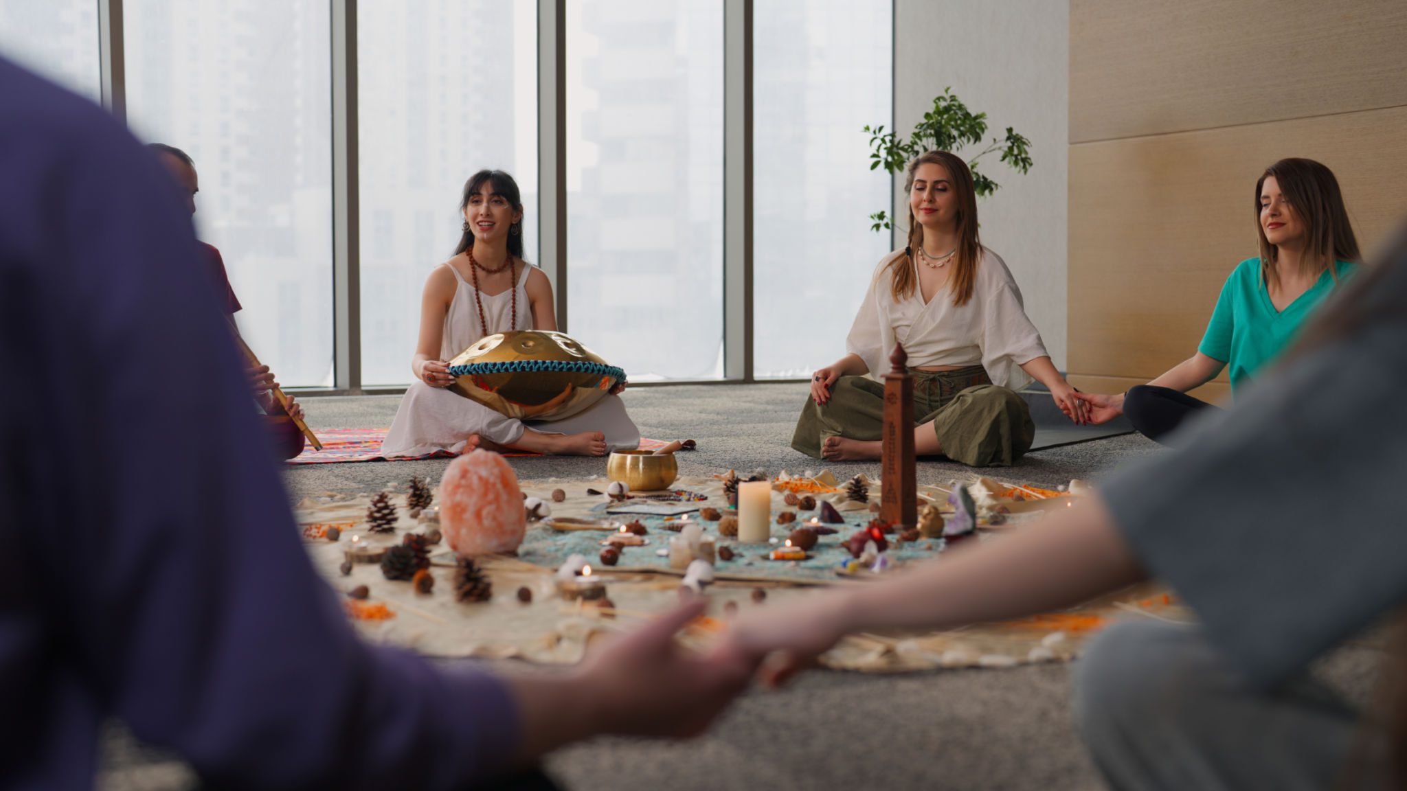 Group meditation with musical instrument