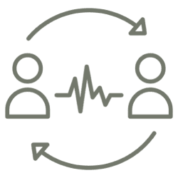 Two people exchanging heartbeat data with arrows indicating interaction.