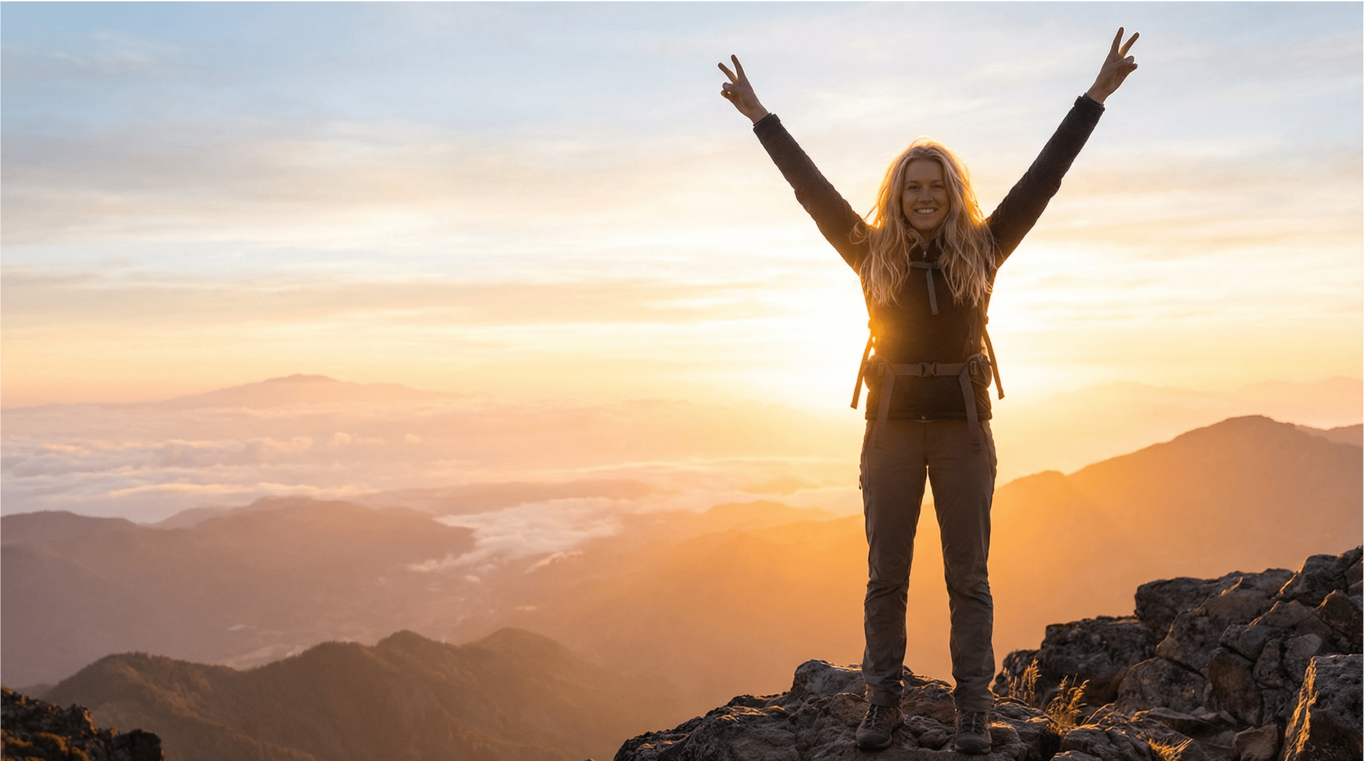 Person celebrating on a mountaintop at sunrise.