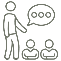 Illustration of a person teaching or speaking to two seated individuals.