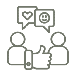 Two people exchanging positive feedback with speech bubbles and a thumbs-up symbol.